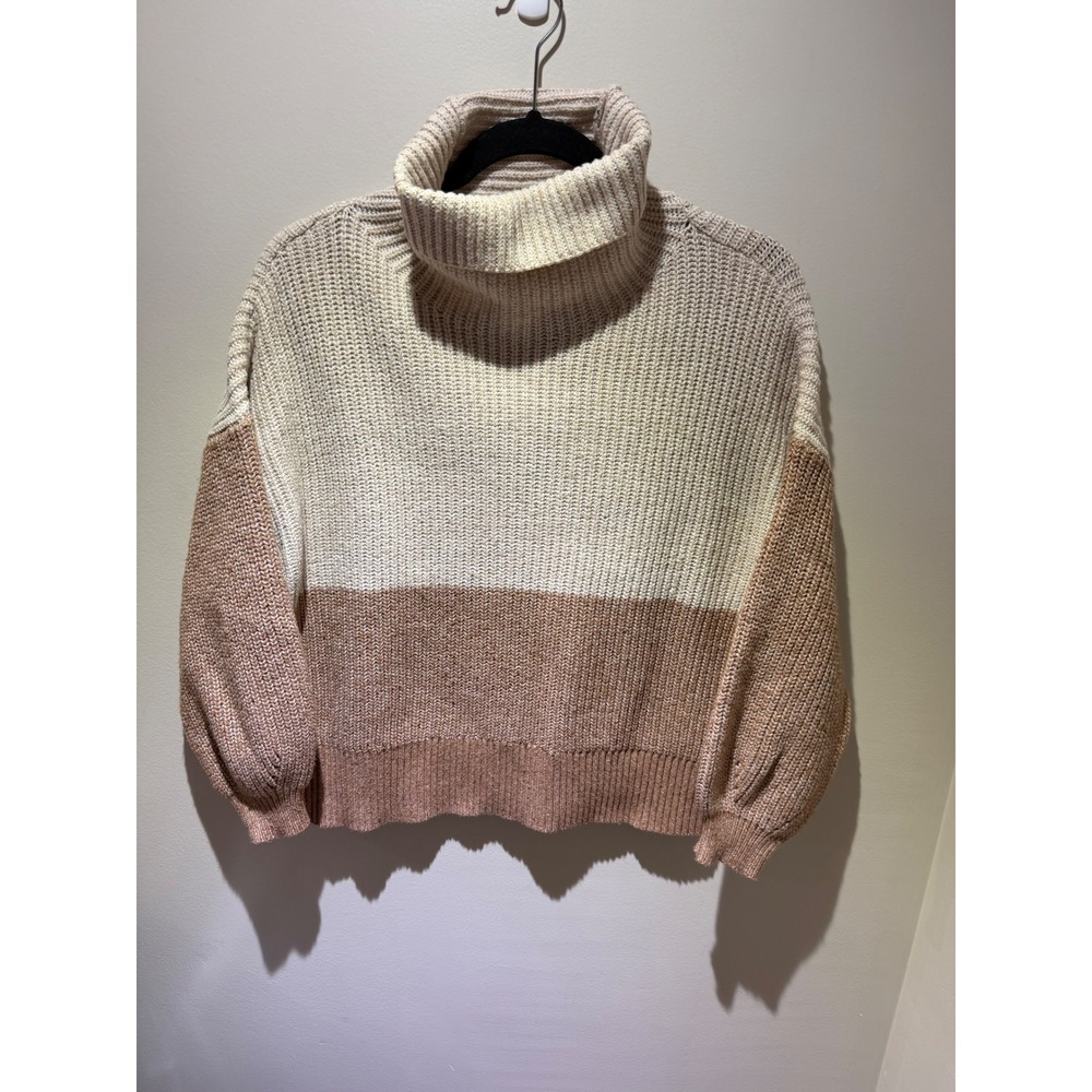 American Eagle Womens Colorblock Turtleneck Ribbed Knit Sweater Cream Tan Large